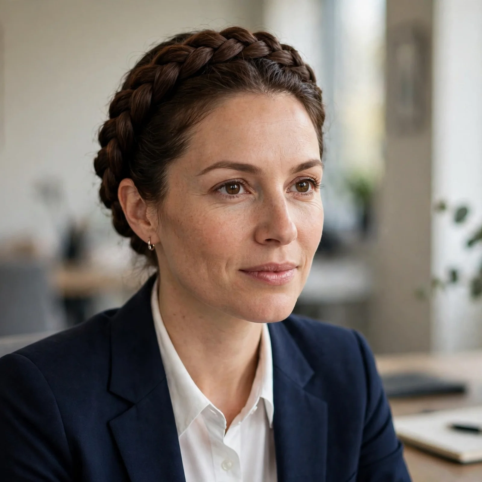 20 Office Hairstyles for Women That Stay Fresh After Sweating in Summer: Modern Braided Crown