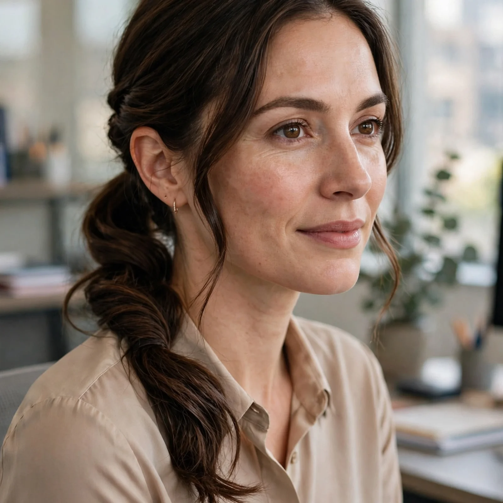 20 Office Hairstyles for Women That Stay Fresh After Sweating in Summer: Twisted Low Ponytail