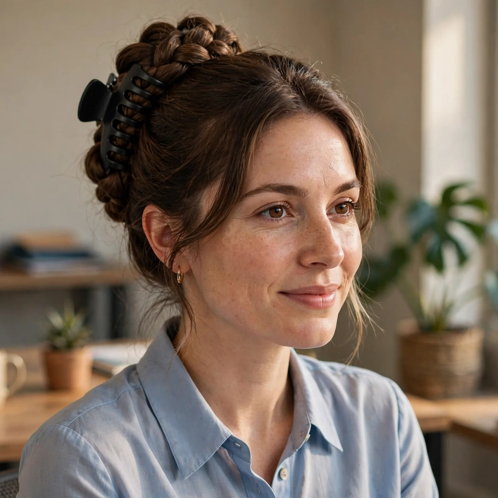 20 Office Hairstyles for Women That Stay Fresh After Sweating in Summer: Braided Claw Clip Updo