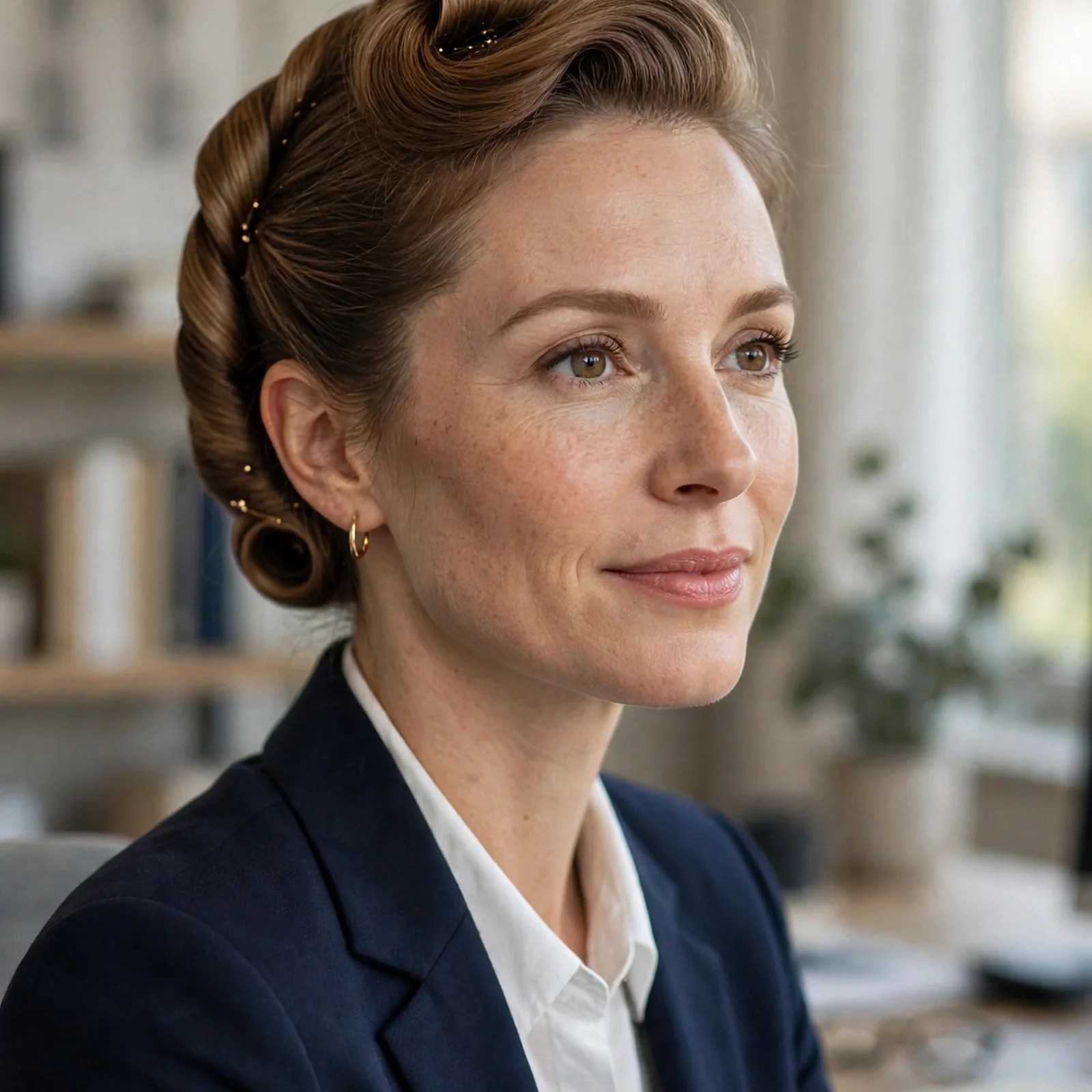 20 Office Hairstyles for Women That Stay Fresh After Sweating in Summer: Rolled French Office Twist