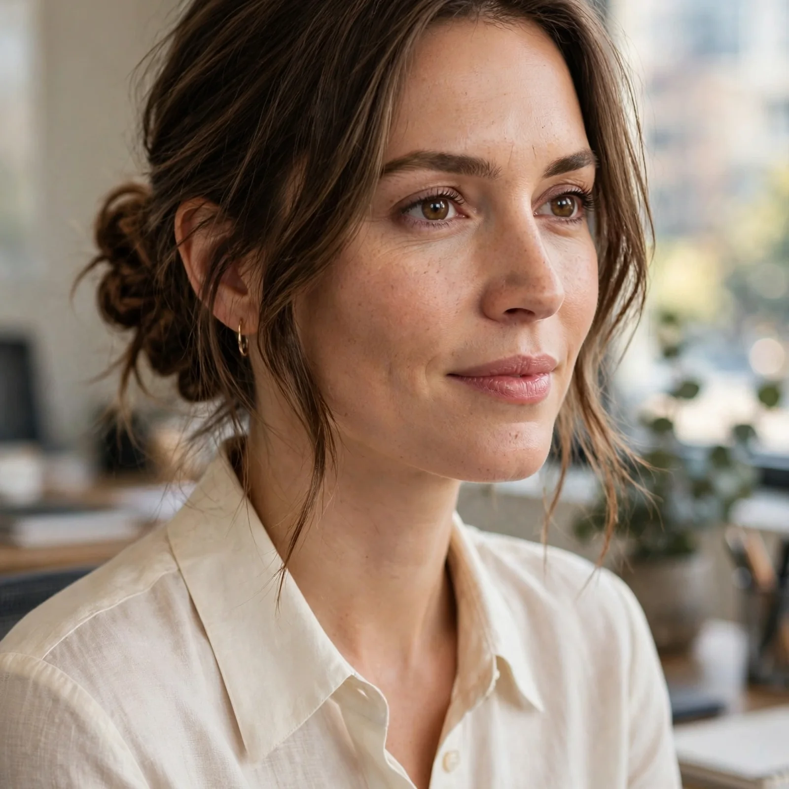 20 Office Hairstyles for Women That Stay Fresh After Sweating in Summer: Textured Low Bun with Face-Framing Layers