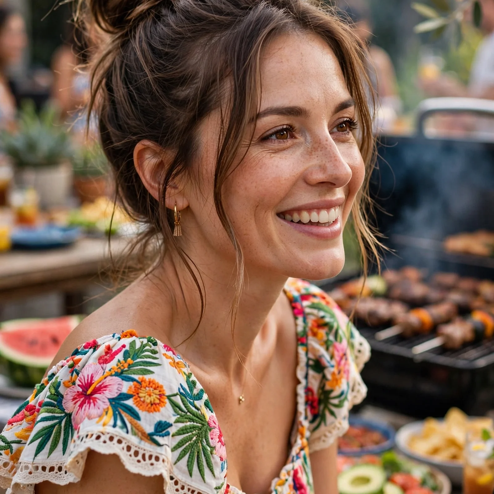 25 Outdoor Party Hairstyles for Women In Summer That Survive Wind & Humidity: Messy Top Knot with Face-Framing Strands