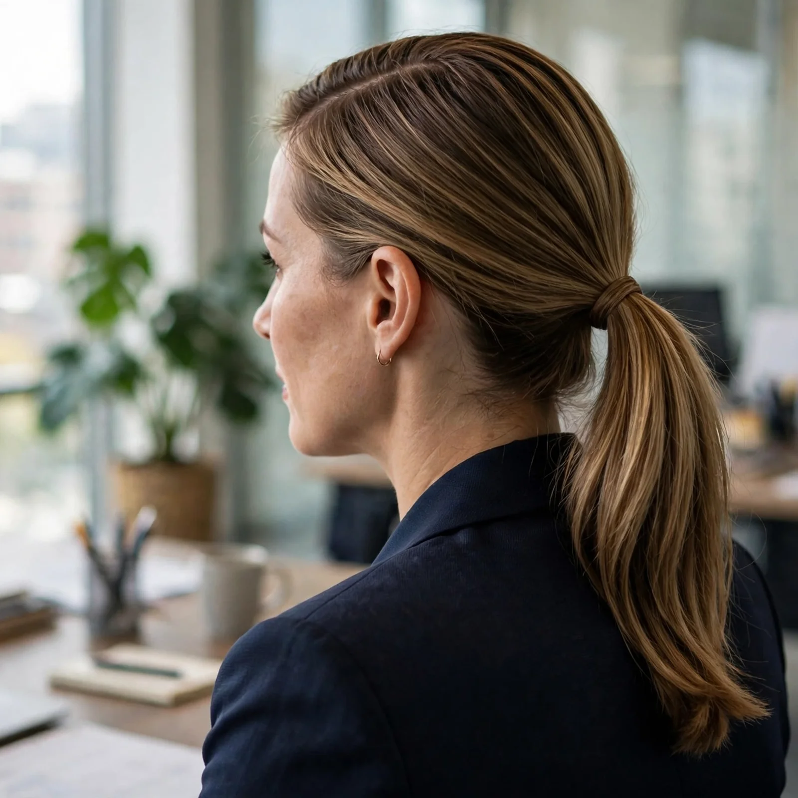 20 Professional Hairstyles for Women That Look Polished & Powerful in 2026: Low Ponytail with Side Part