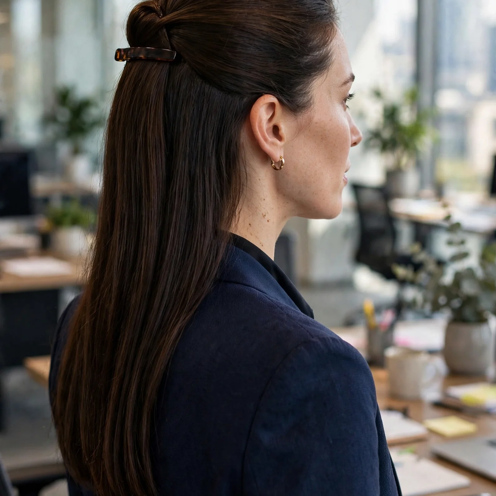 20 Professional Hairstyles for Women That Look Polished & Powerful in 2026: Half-Up Sleek Style
