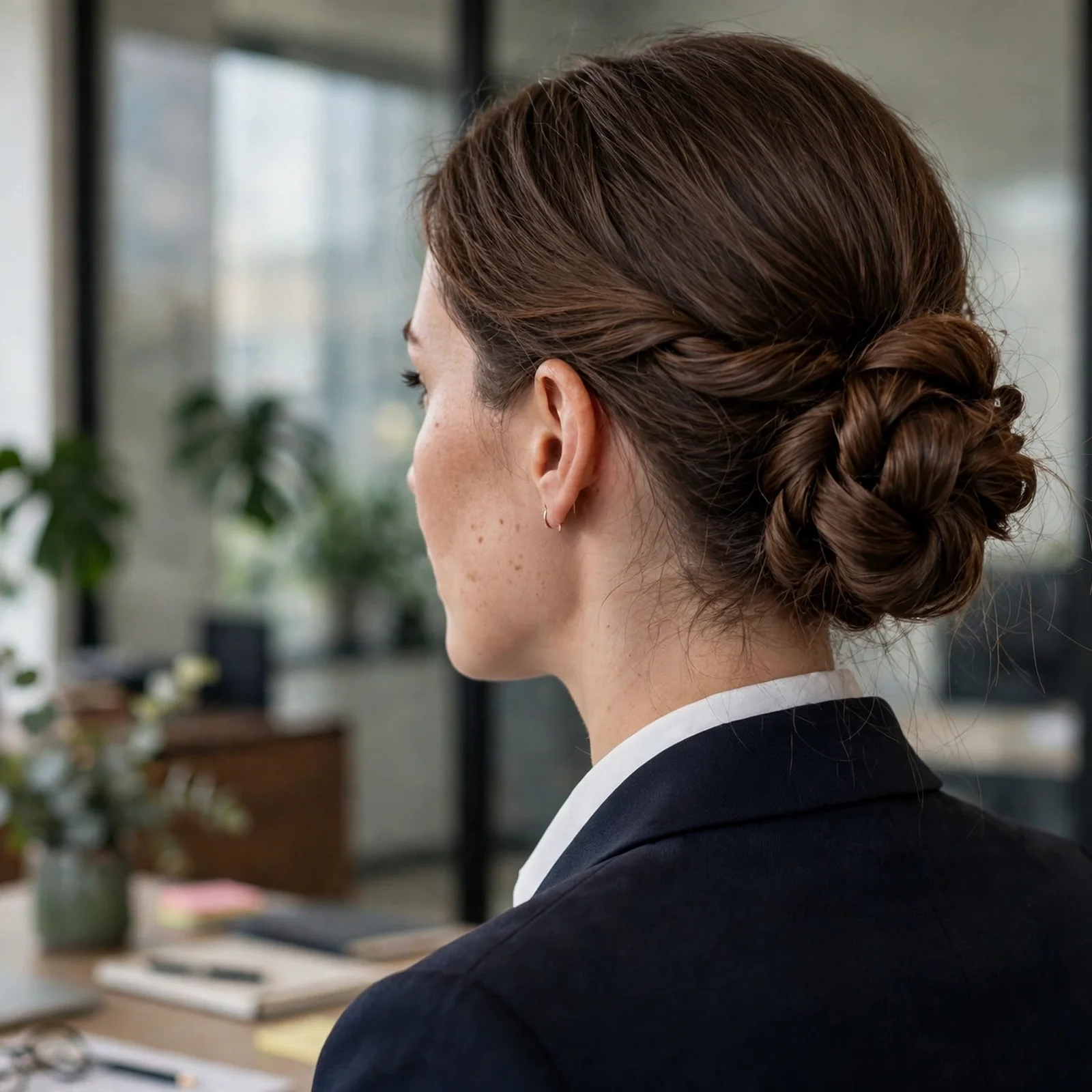 20 Professional Hairstyles for Women That Look Polished & Powerful in 2026: Twisted Low Bun