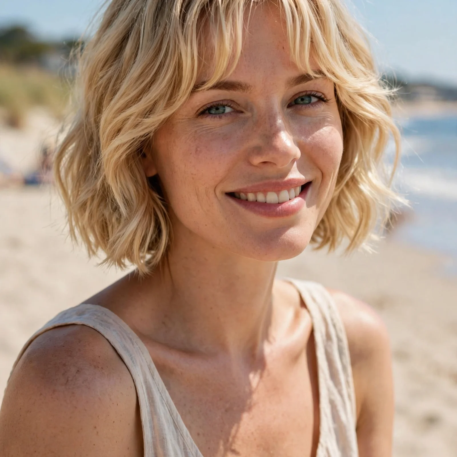 25 Short Hair Summer Hairstyles for Women That Look Effortlessly Stylish: Soft Wavy Bob with Curtain Bangs