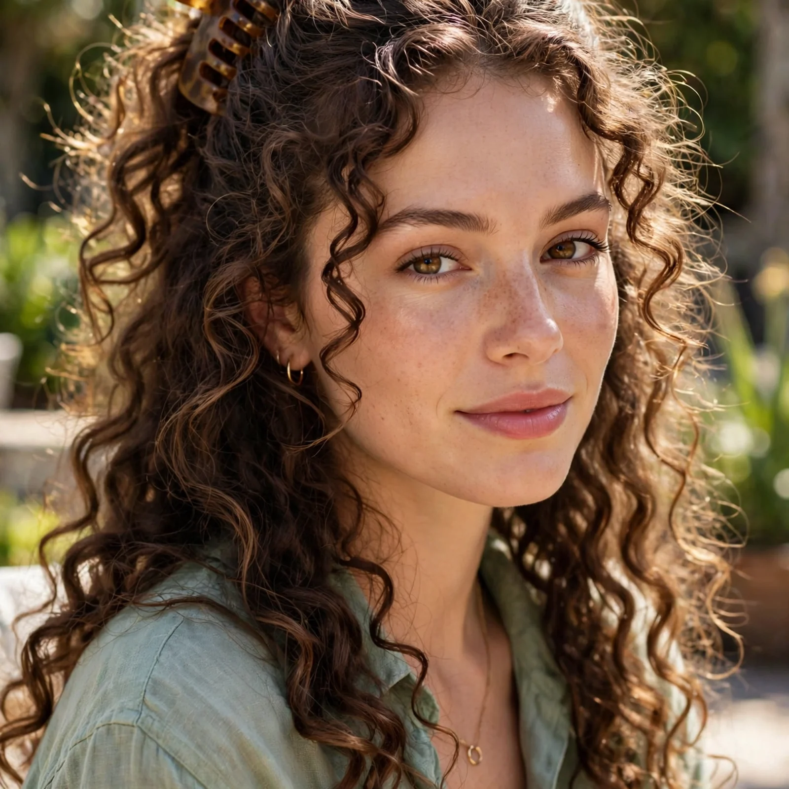 25 Summer Hairstyles for Curly Hair Women (Heat & Humidity Proof): Half-Up Curly Claw Clip Style
