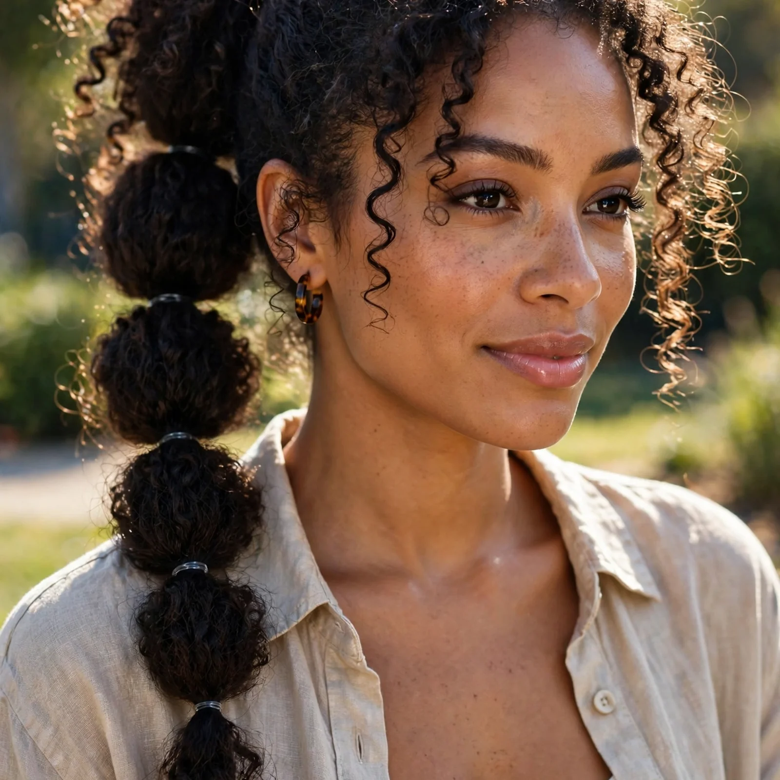 25 Summer Hairstyles for Curly Hair Women (Heat & Humidity Proof): Bubble Ponytail for Curly Hair