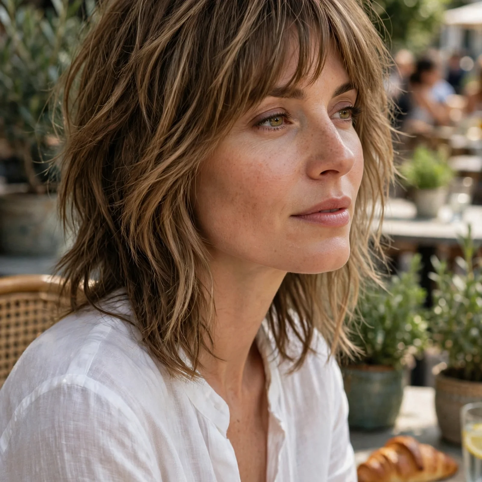 25 Summer Hairstyles for Women With Big Foreheads (Light & Face-Framing): Shoulder-Length Shag with Soft Fringe