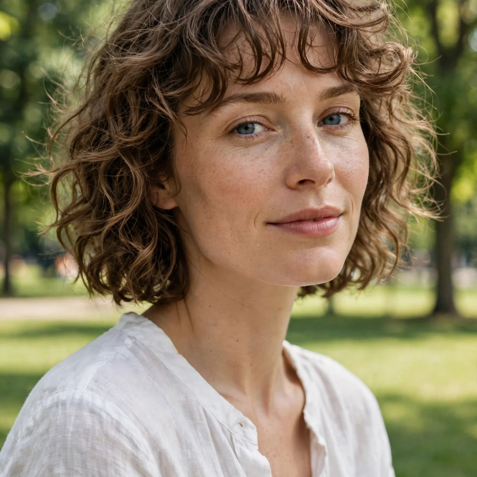 25 Summer Hairstyles for Women With Big Foreheads (Light & Face-Framing): Soft Curly Lob with Wispy Bangs
