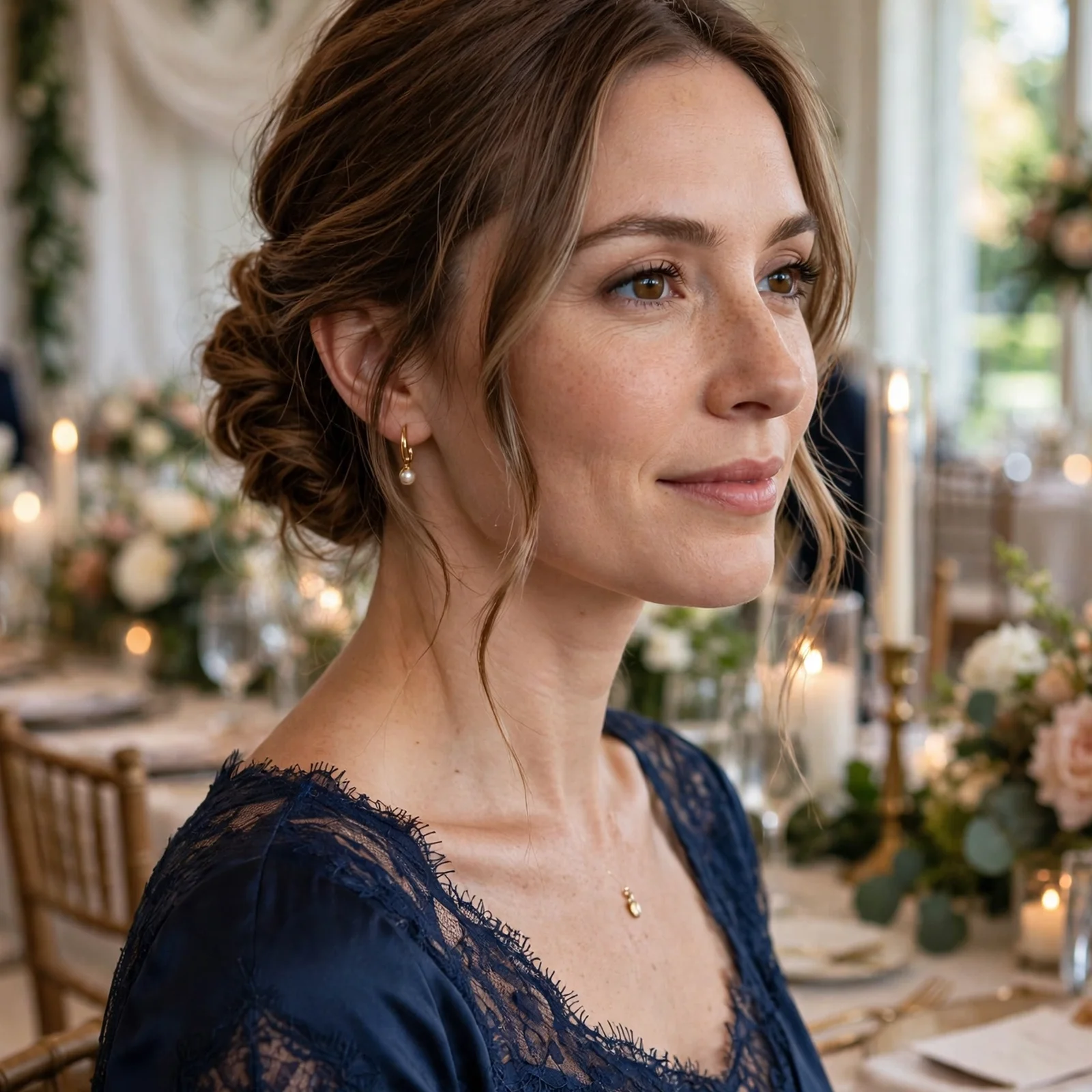 25 Summer Wedding Guest Hairstyles For Women That Stay Perfect All Day in Heat: Textured Low Bun with Face-Framing Pieces