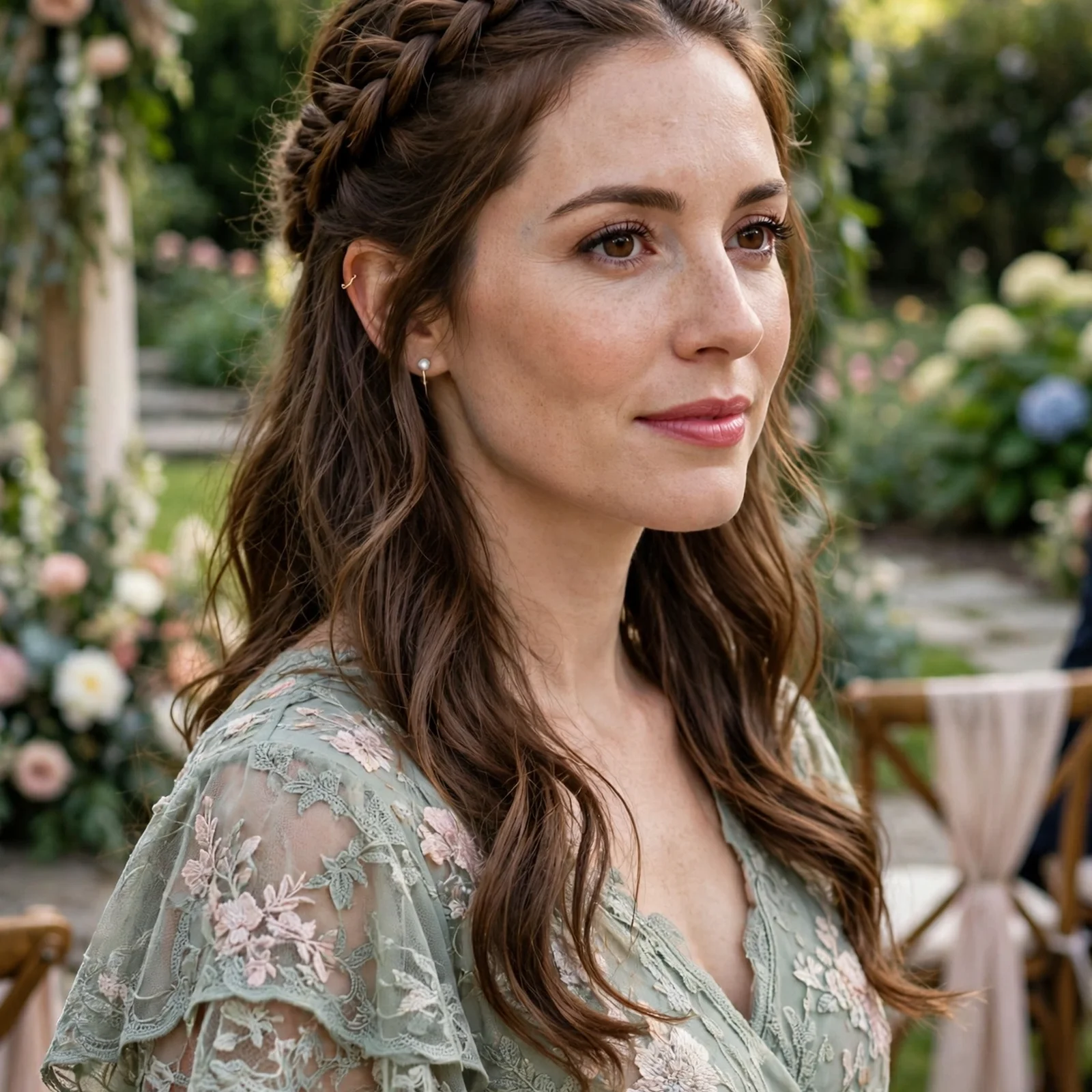 25 Summer Wedding Guest Hairstyles For Women That Stay Perfect All Day in Heat: Half-Up Braided Crown