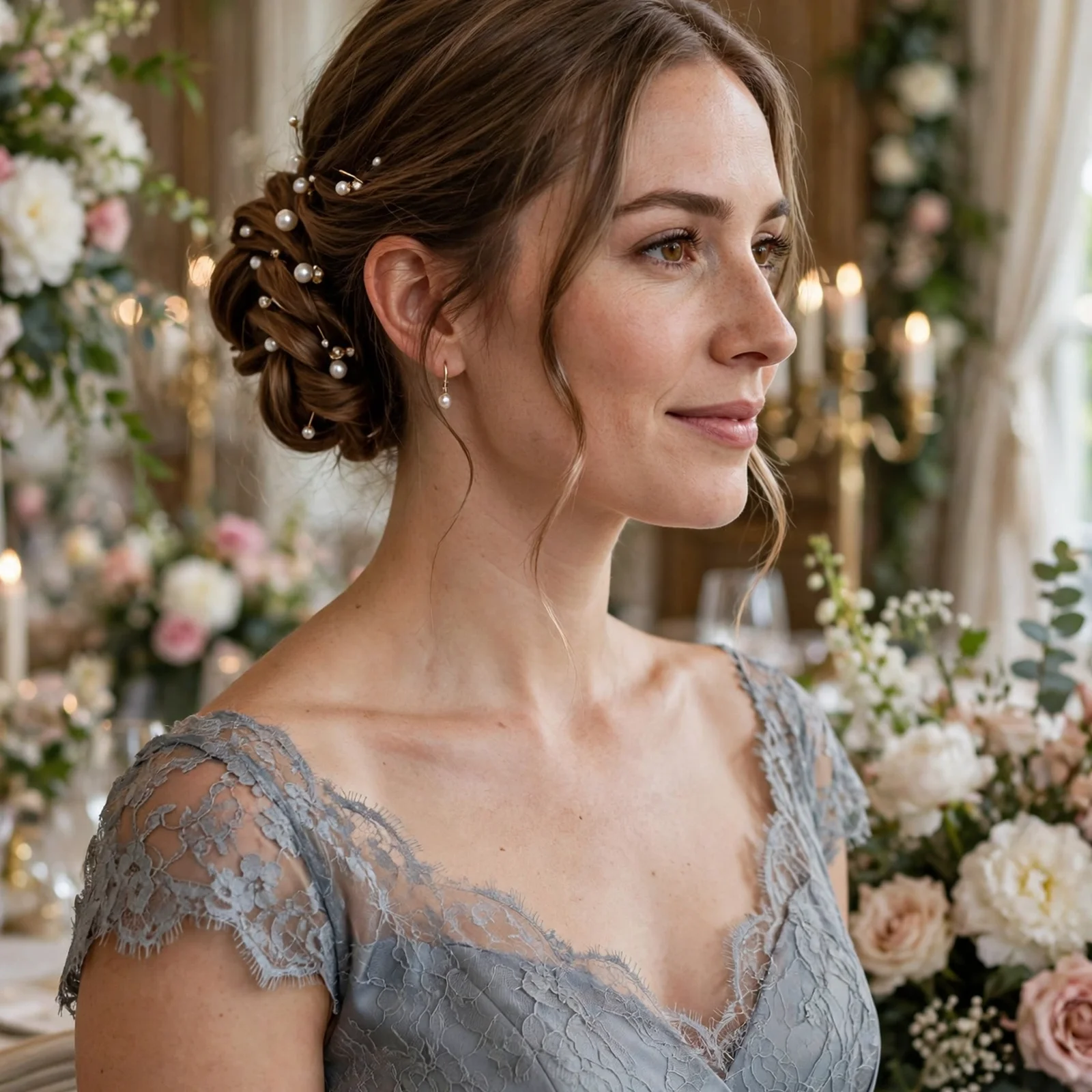 25 Summer Wedding Guest Hairstyles For Women That Stay Perfect All Day in Heat: Twisted Low Bun with Pearl Pins