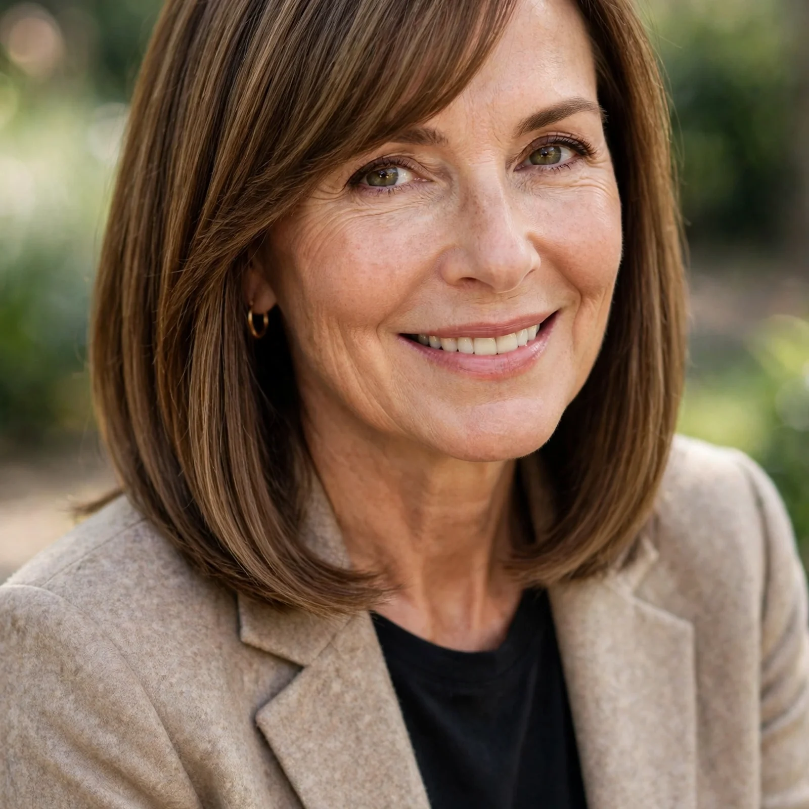 15 Youthful Hairstyles for Women Over 50 That Instantly Take Years Off: Shoulder-Length Straight Hair with Side Bangs